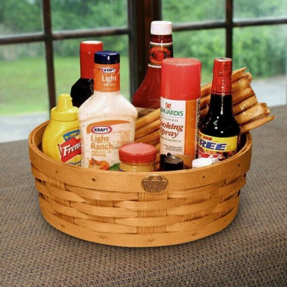 Peterboro Woven Wooden Round Basket w/Leather Handles Plastic Insert for Serving - Picture 9 of 12